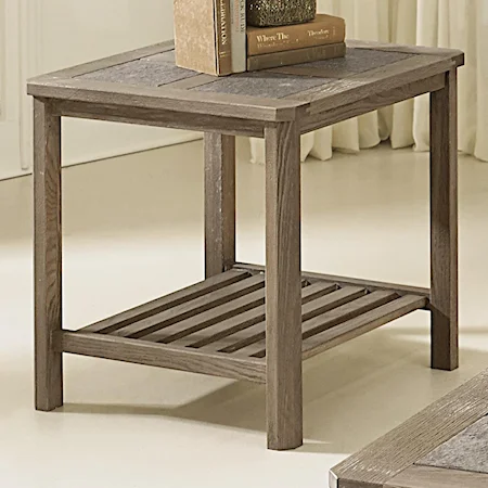 Square End Table w/ Tile Insert Top & Slat Shelf